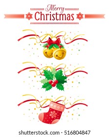 Merry Christmas holiday horizontal banners set isolated on white background. Vector illustration - jingle bells, holly berries, gift sock. Bow, ribbon confetti decoration icon design