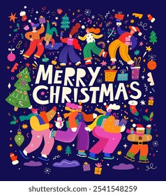 Merry Christmas holiday illustration. Christmas decorative illustration with fun people, Christmas tree and gifts. People are dancing, having fun and celebrating Christmas