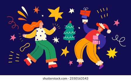 Merry Christmas holiday illustration. Christmas decorative banner with fun people, Christmas tree and gifts. People are dancing, having fun and celebrating Christmas