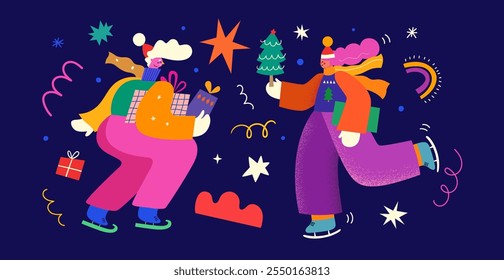Merry Christmas holiday illustration. Christmas decorative banner with fun people, Christmas tree and gifts. People are dancing, having fun and celebrating Christmas