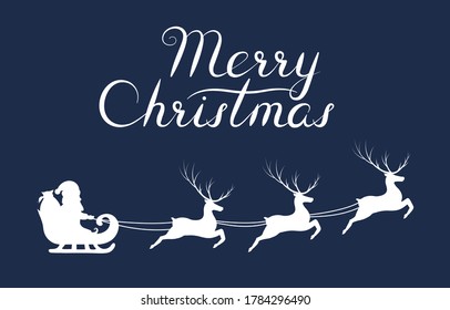 Merry christmas holiday lettering with silhouette of santa claus on sleigh with reindeers. Happy new year decoration. Vector isolated illustration for xmas celebration.