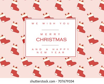 Merry Christmas holiday pattern with red socks and candy. Merry xmas winter postcard. Celebration greeting card