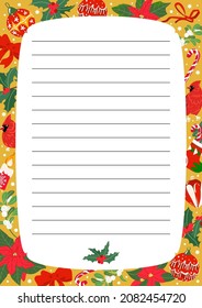 Merry Christmas holiday planner, note vector template with lines for writing. Winter plan list. Christmas tree toys, holly, mistletoe, red cardinal and poinsettia. Vector flat illustration