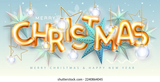 Merry Christmas holiday poster with 3D chromic letters, Christmas stars and electric lamps. Holiday greeting card. Vector illustration