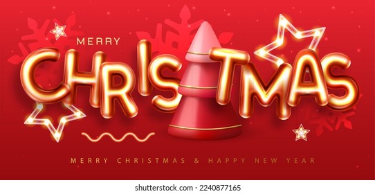 Merry Christmas holiday poster with 3D chromic letters and Christmas tree. Holiday greeting card. Vector illustration