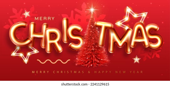 Merry Christmas holiday poster with 3D chromic letters and Christmas tree. Holiday greeting card. Vector illustration