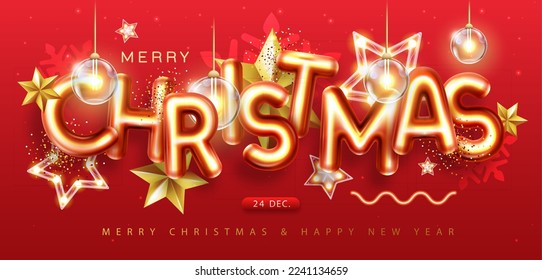 Merry Christmas holiday poster with 3D chromic letters, Christmas stars and electric lamps. Holiday greeting card. Vector illustration