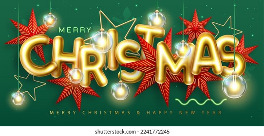 Merry Christmas holiday poster with 3D chromic letters, Christmas stars and electric lamps. Holiday greeting card. Vector illustration