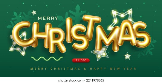 Merry Christmas holiday poster with 3D chromic letters, snowflakes and stars. Holiday greeting card. Vector illustration