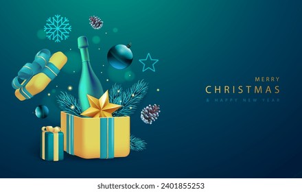 Merry Christmas holiday poster with 3D champagne bottle, Christmas tree branch, pine cone, star and gift box. Vector illustration