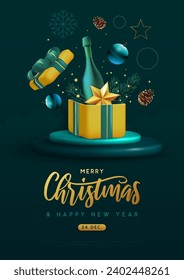 Merry Christmas holiday poster with 3D champagne bottle, Christmas tree branch, pine cone, star and gift box.  Vector illustration
