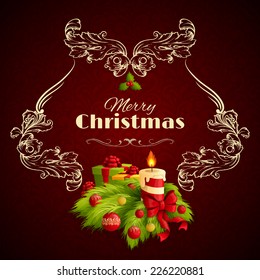Merry christmas holiday retro background with burning candle vintage ornament and traditional decoration vector illustration