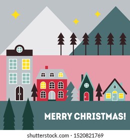 Merry Christmas holiday scandinavian style card. Xmas trees and traditional houses in festive colors. European city flat vector illustration