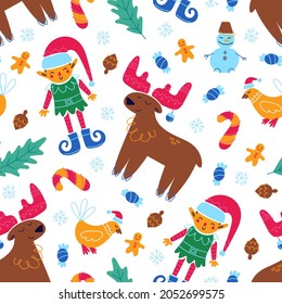 Merry Christmas holiday seamless pattern. Elf, deer, candy, bird and snowman. Happy New year wallpaper. Cute festive illustration. Vector art