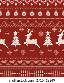 Patrón sin fisuras de vacaciones de Navidades alegres con renos y ciervos de dibujos animados entre árboles de nieve invernal y adornos para una celebración festiva de Año Nuevo Diseño de tarjeta de felicitación de Vector
