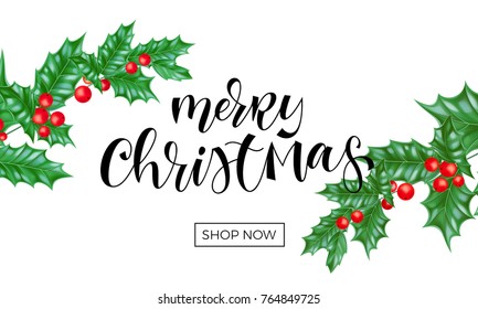 Merry Christmas holiday shop sale web banner background template of New Year fir or pine tree branch on white background. Vector Christmas holly wreath ornament for greeting card calligraphy design