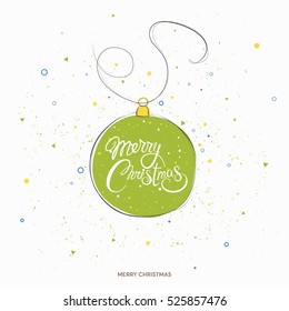 'Merry Christmas' holiday sign text hand drawn lettering over christmas decoration vector illustration.