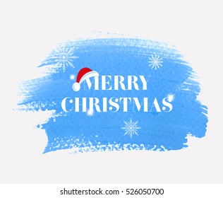 'Merry Christmas' holiday sign text over abstract blue brush paint background vector illustration.