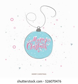 'Merry Christmas' holiday sign text hand drawn lettering over christmas decoration vector illustration.