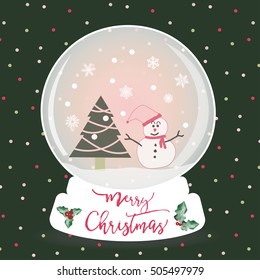 A Merry Christmas holiday snow globe in pink color with snowman, Christmas tree and snowflake inside for Christmas celebrate and Christmas greeting card in green background. 