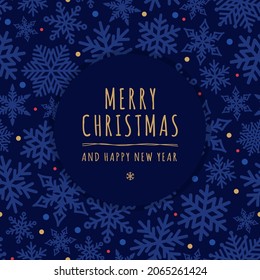 Merry Christmas holiday square card. Winter background with snowflakes and letters. Decorative frame with Christmas elements. Vector illustration