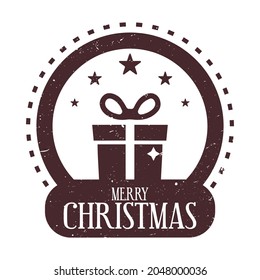 Merry Christmas - Holiday Stamp design for letters or gifts. Xmas decorative element in shape of snow globe with gift box inside. 