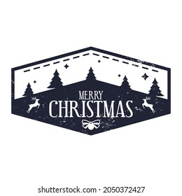 Merry Christmas - Holiday Stamp design for letters or gifts. Xmas decorative element with reindeers, trees and stars. Texture easily can be removed.