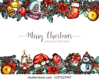 Merry Christmas holiday vector background with festive sketch garlands and borders. Happy New Year colorful hand drawn greeting illustration