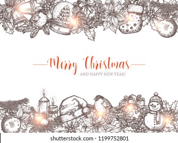 Merry Christmas holiday vector background with festive sketch garlands and borders. Happy New Year hand drawn greeting illustration