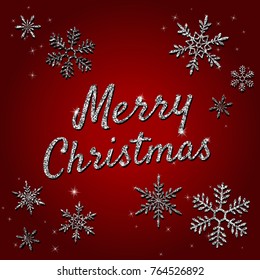 Merry Christmas holiday vector banner with silver glittering snowflakes, lights, sparkles on red background. Xmas greeting card with typographical text, shiny letters. Modern festive design template 