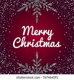 Merry Christmas holiday vector banner with typographic text, silver glittering snowflakes, confetti, sparkles on red background. Xmas greeting card. Modern festive design template for postcard, cover