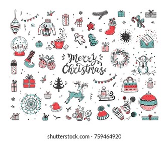 Merry Christmas. Holiday Vector Big Set of Hand Drawn Doodle Christmas characters and decorations with hand lettering calligraphic. Xmas greeting Card Template. Happy Winter Holidays poster. New year