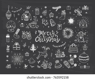 Merry Christmas. Holiday Vector Big Set of Hand Drawn Doodle Christmas decorations with hand lettering calligraphic. Xmas greeting Card Template. Happy Winter Holidays poster. New year