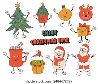 Merry Christmas holiday vector elements in retro groovy style isolated on white. Cute Santa Clous, gift, Christmas tree, cocoa mug, Christmas decoration in hippy style 60s,70s. Holly Jolly vibes.