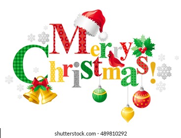 Merry Christmas holiday vector horizontal banner on white background with Santa Clause hat, jingle bells, red cardinal bird, snowflakes. Elegant text lettering. Abstract poster design illustration.