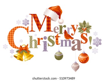 Merry Christmas holiday vector horizontal banner on white background, Santa Clause hat, jingle bells, ball, red cardinal bird, snowflake. Elegant text lettering. Abstract poster design illustration.