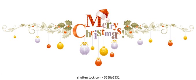 Merry Christmas holiday vector horizontal banner on white background with Santa Clause hat, tree decoration ball, snowflake. Elegant text letters. Winter abstract poster design illustration template