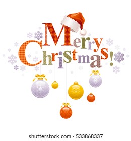 Merry Christmas holiday vector horizontal banner on white background with Santa Clause hat, tree decoration ball, snowflake. Elegant text letters. Abstract poster design illustration. Square template.