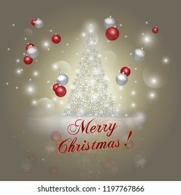 Merry Christmas. Holiday Vector Illustration. Shiny Lettering Composition With Christmas Tree And Flying Christmas Balls