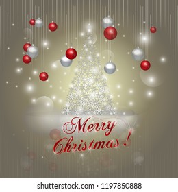 Merry Christmas. Holiday Vector Illustration With Red And Silver Christmas Balls. Shiny Lettering Composition With Christmas Tree And Hanging Christmas Balls