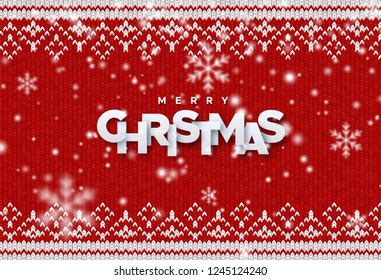 Merry Christmas. Holiday vector illustration of paper letters with falling snowflakes texture on red knitted background. Traditional ornament woven fabric. Festive banner design. Christmas decoration