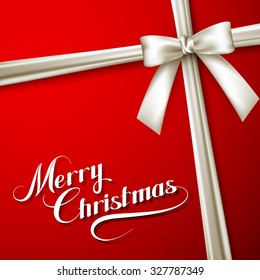 Merry Christmas. Holiday Vector Illustration. Lettering Composition On The Red Background With Ribbon And White Bow