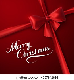 Merry Christmas. Holiday Vector Illustration. Lettering Composition On The Red Background With Ribbon And Red Bow