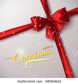 Merry Christmas. Holiday Vector Illustration. Lettering Golden Composition With Ribbon And Red Bow
