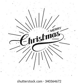 Merry Christmas. Holiday Vector Illustration. Lettering Composition With Light Rays
