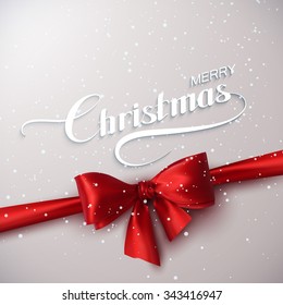 Merry Christmas. Holiday Vector Illustration. Lettering With Snow, Ribbon And Red Bow