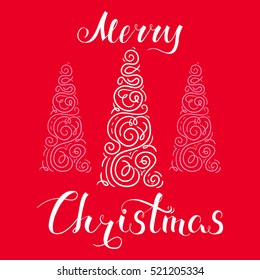 Merry Christmas, holiday vector illustration, hand-drawn postcard with felicitation and stylized christmas tree, red background, EPS 8