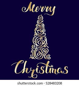 Merry Christmas, holiday vector illustration, hand-drawn postcard with felicitation and golden stylized christmas tree, EPS 10