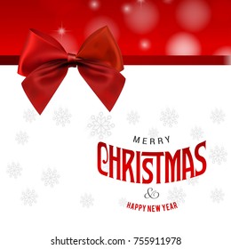 Merry Christmas. Holiday Vector Illustration. Lettering Composition On The White And Red Background With Ribbon And Red Bow