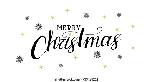 Merry Christmas. Christmas holiday vector print. Black lettering hand written text on white background.  Winter card or poster design.